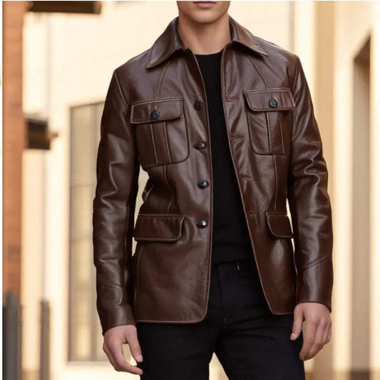 Men's brown leather jacket styled as formal attire with buttoned pockets and black shirt underneath
