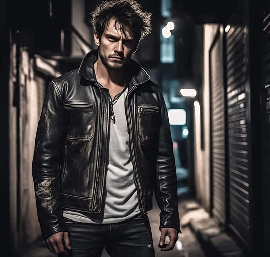 Man wearing a stylish black leather jacket in a dimly lit urban alleyway, showcasing timeless fashion appeal.
