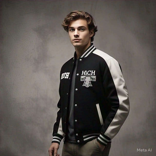 Young man wearing a stylish black and white varsity winter jacket trending in 2025 fashion.
