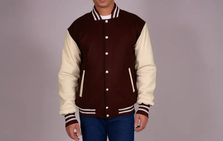 Men's Leather Sleeve Wool Body Varsity Jacket Brown/Cream Hatch Sports