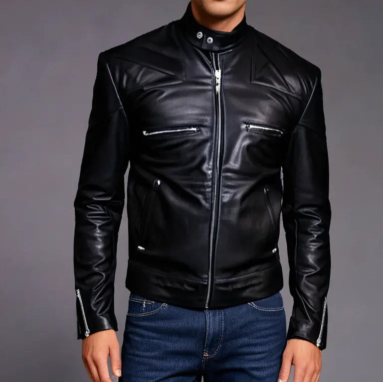 Premium Black Leather Biker Jacket Hatch Sports