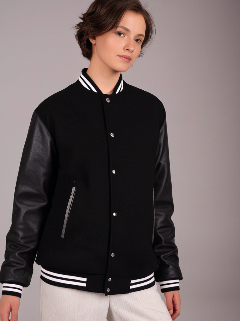 Hatch Sports Women Varsity Jacket Wool Body + Genuine Black(White line) Hatch Sports