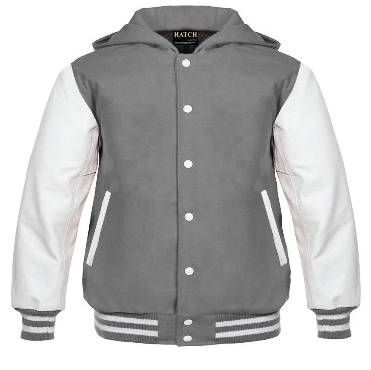 Hatch Sports Kids Varsity Hoodie Wool+Leather Grey/White