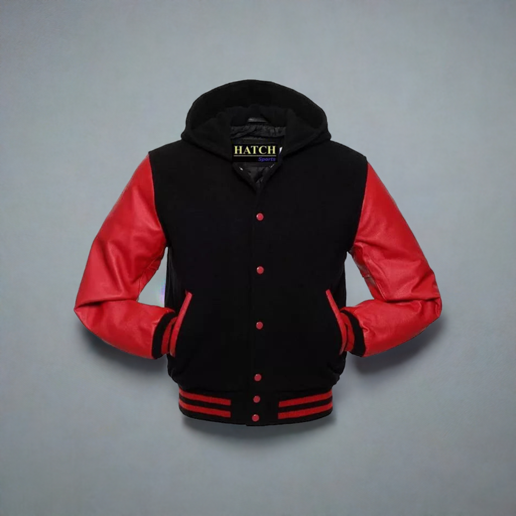 Hatch Sports Mens Varsity Baseball Hoodie Style Wool Body Genuine Leather Arms Varsity Jacket