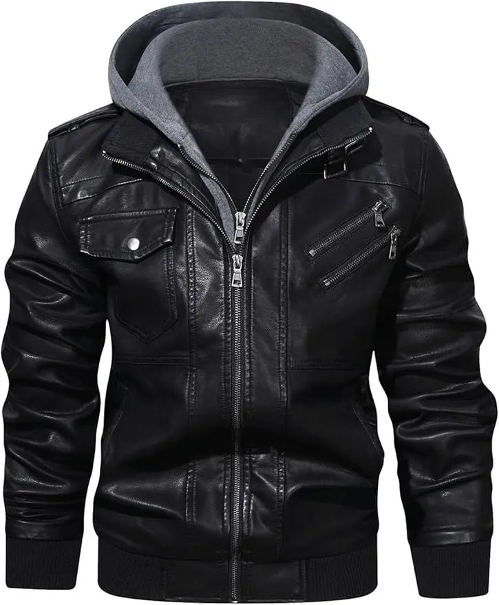 Men’s Casual Stand Collar PU Faux Leather Zip - Up Motorcycle Bomber Jacket With a Removable Hood - Hatch Sports