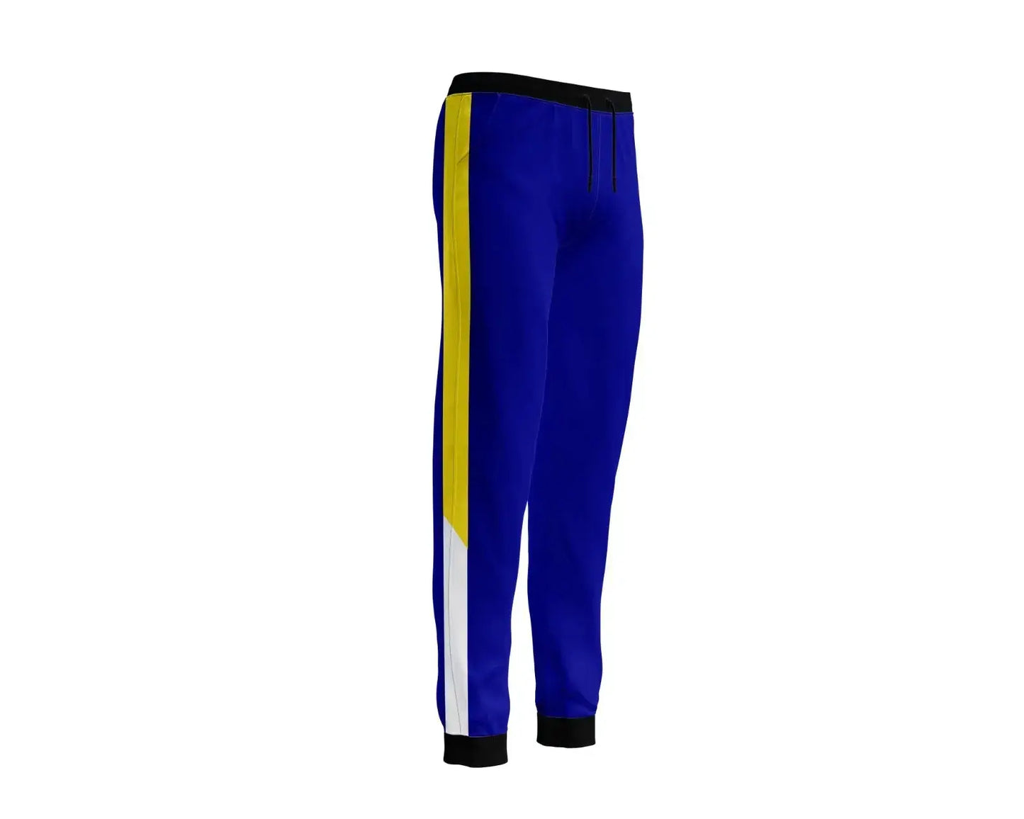 Mens blue tracksuit pants with yellow and white side stripes, featuring an elastic waistband and ribbed cuffs.