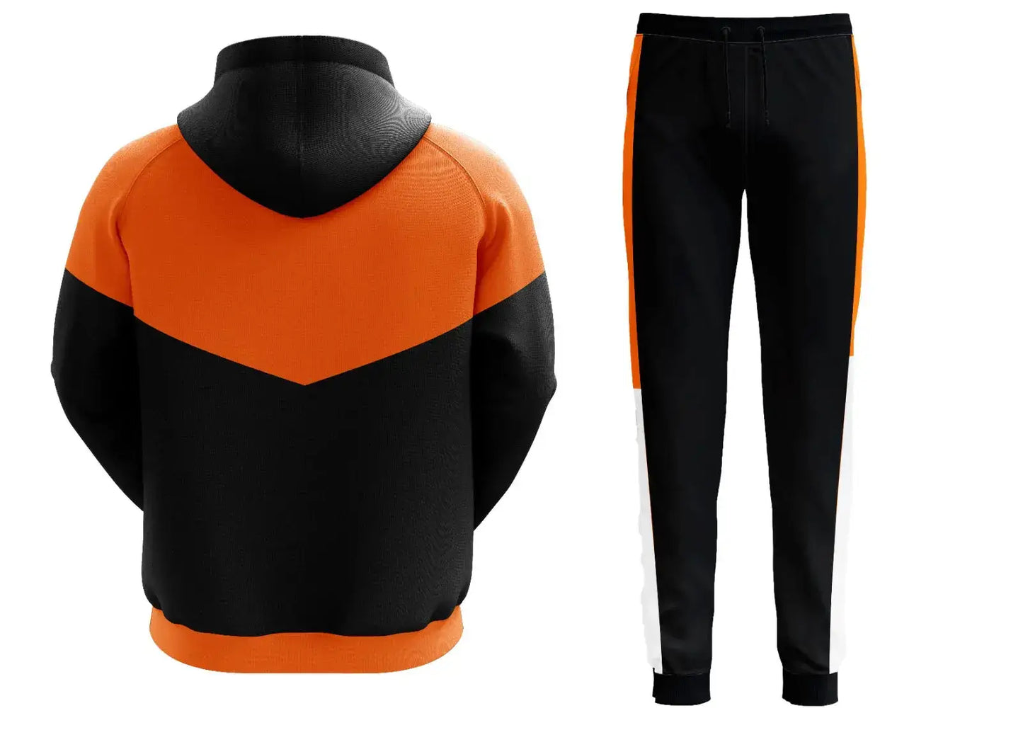 Hooded tracksuit with orange and black design, featuring ribbed cuffs and jogger pants, ideal for casual wear.