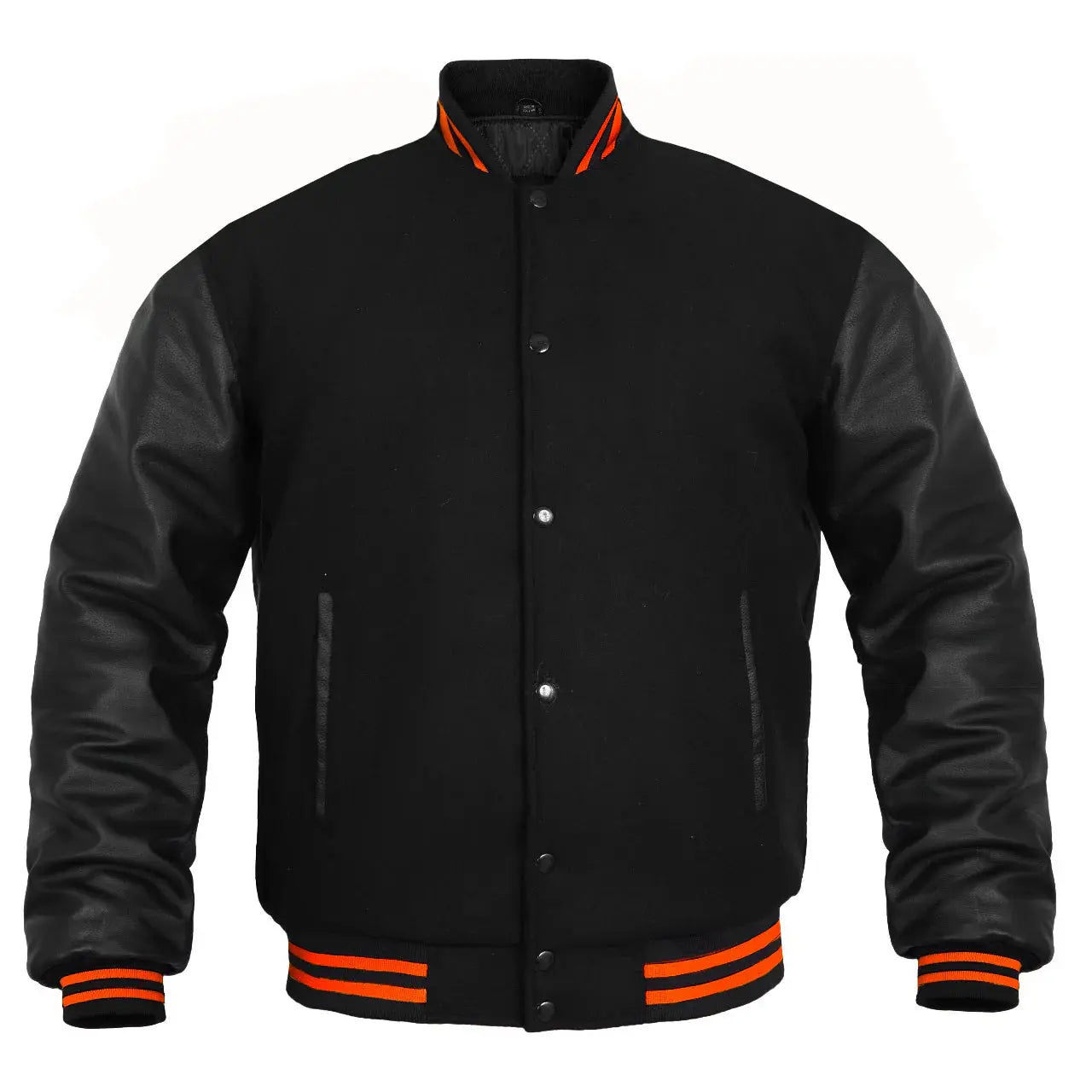 Hatch Sports Kids Varsity Jacket Genuine Leather Sleeve and Wool Blend Letterman Boys College/School Varsity Jackets All Black(Orange Line) - Hatch Sports