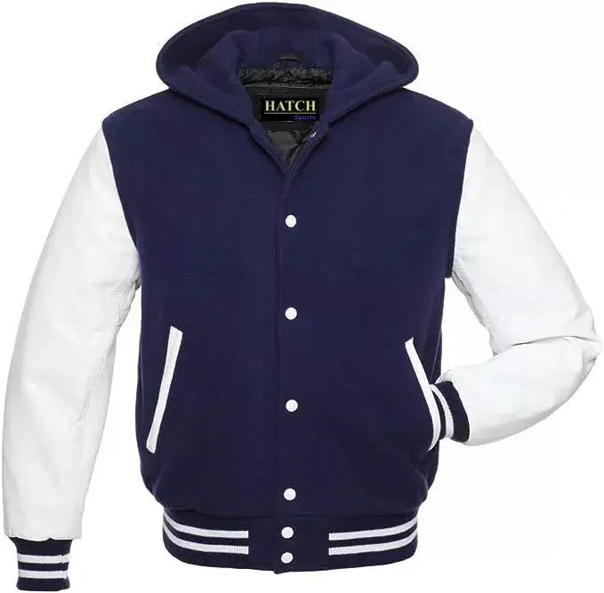 Hatch Sports Mens Varsity Baseball Hoodie Style Wool Body Genuine Leather Arms Varsity Jacket - Hatch Sports