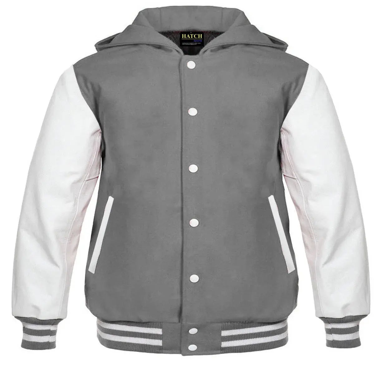 Hatch Sports Women Hoodie Wool Body + Genuine Leather Arm Sleeves Varsity Style Hoodie Grey/White - Hatch Sports