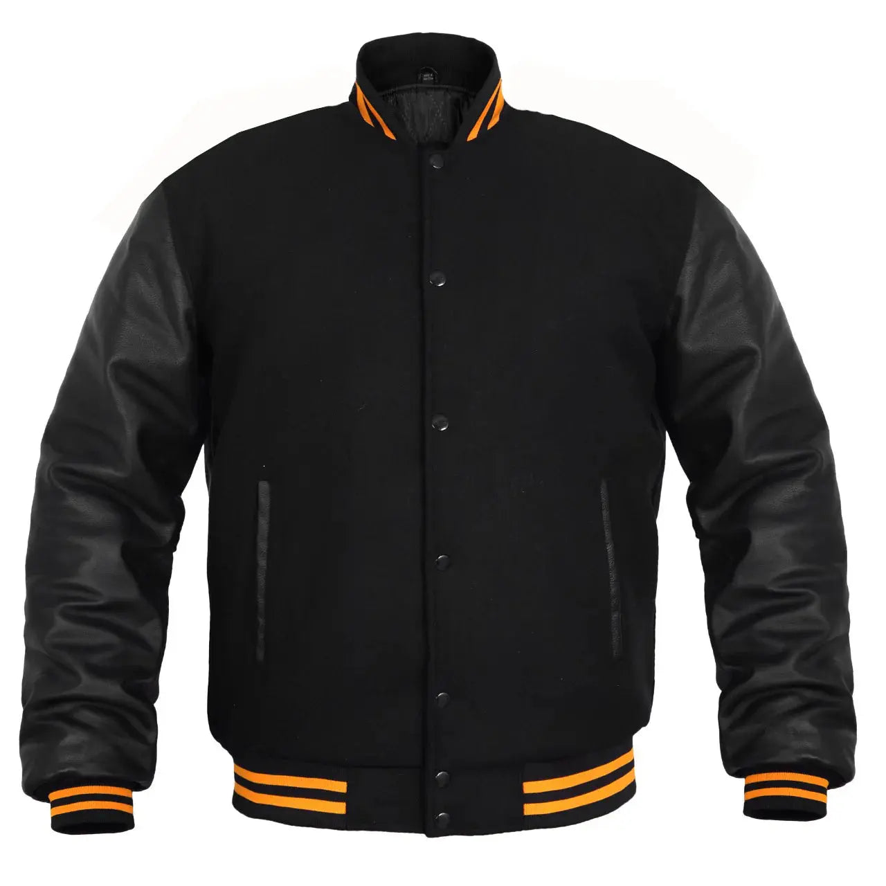 Hatch Sports Women Jacket Wool Body Genuine Leather Arm Sleeves Baseball College Letterman Jacket All Black(Yellow Line) - Hatch Sports