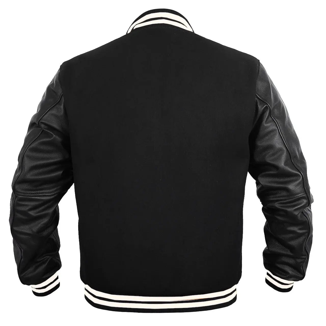 Hatch Sports Women Varsity Jacket Wool Body + Genuine Leather Arm Sleeves Baseball College Letterman All Black (White line) - Hatch Sports