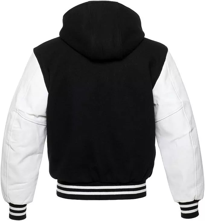 Men’s Varsity Baseball Letterman Hoodie Wool Body Genuine Cowhide Leather Arms