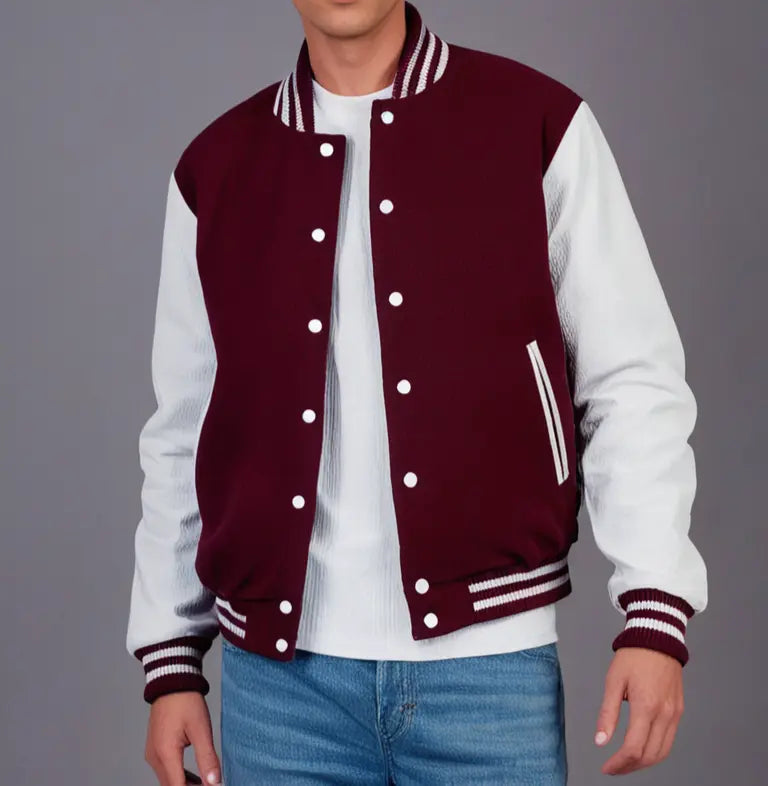 Hatch Sports Men’s Varsity Jacket Faux Leather Sleeve and Wool Body Maroon/White Hatch Sports