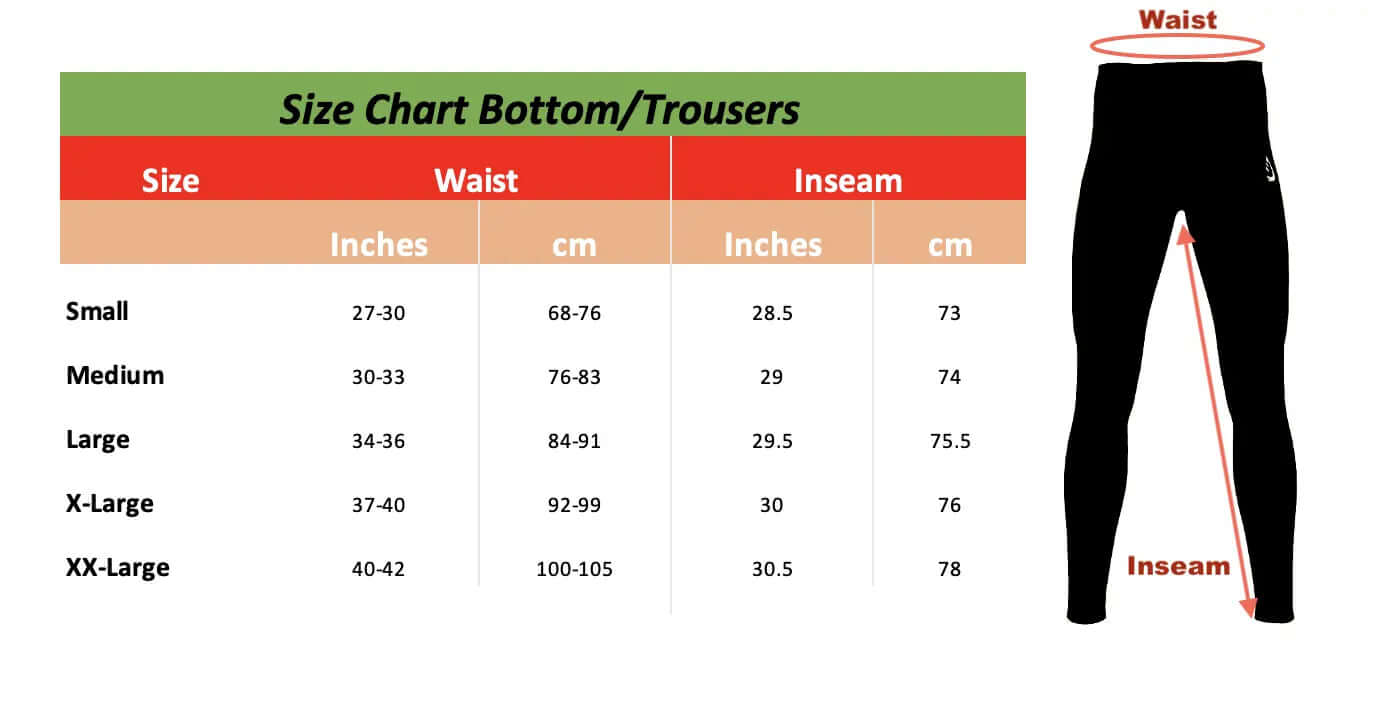 Men's compression tights size chart for waist and inseam measurements including Small to XX-Large.