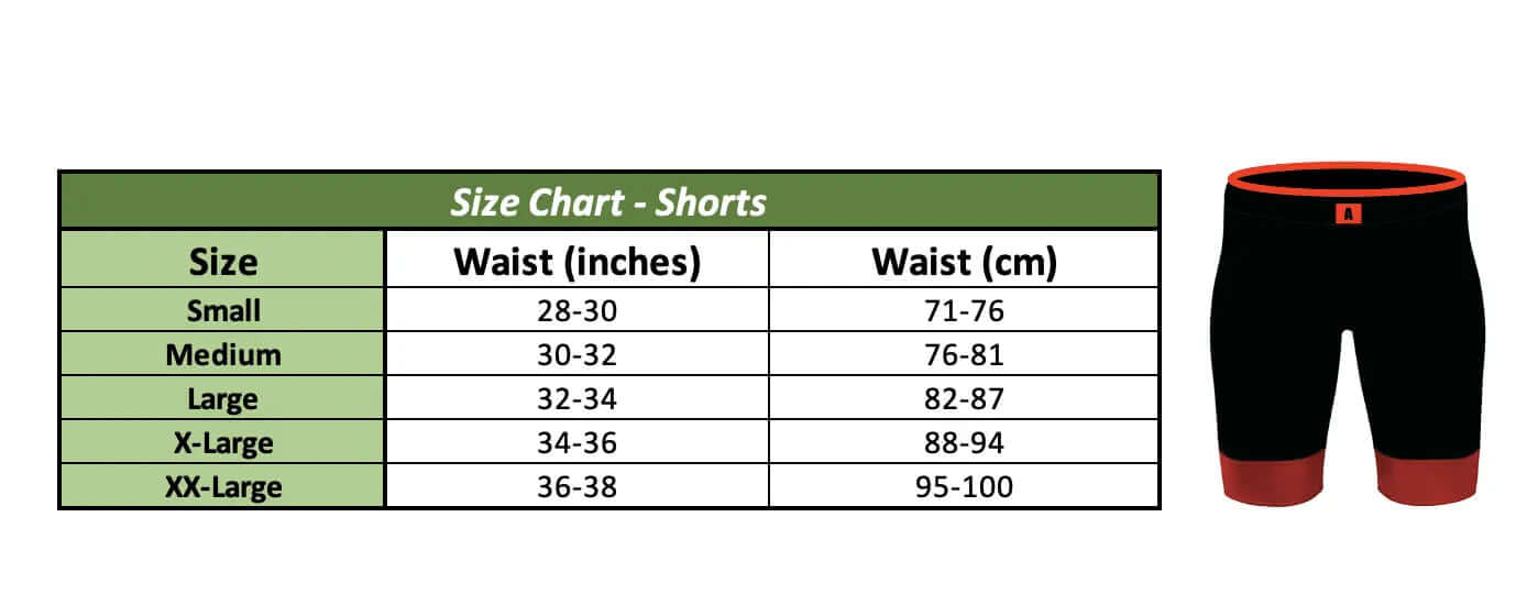 Size chart for men's cycling shorts indicating waist measurements in inches and centimeters for different sizes.