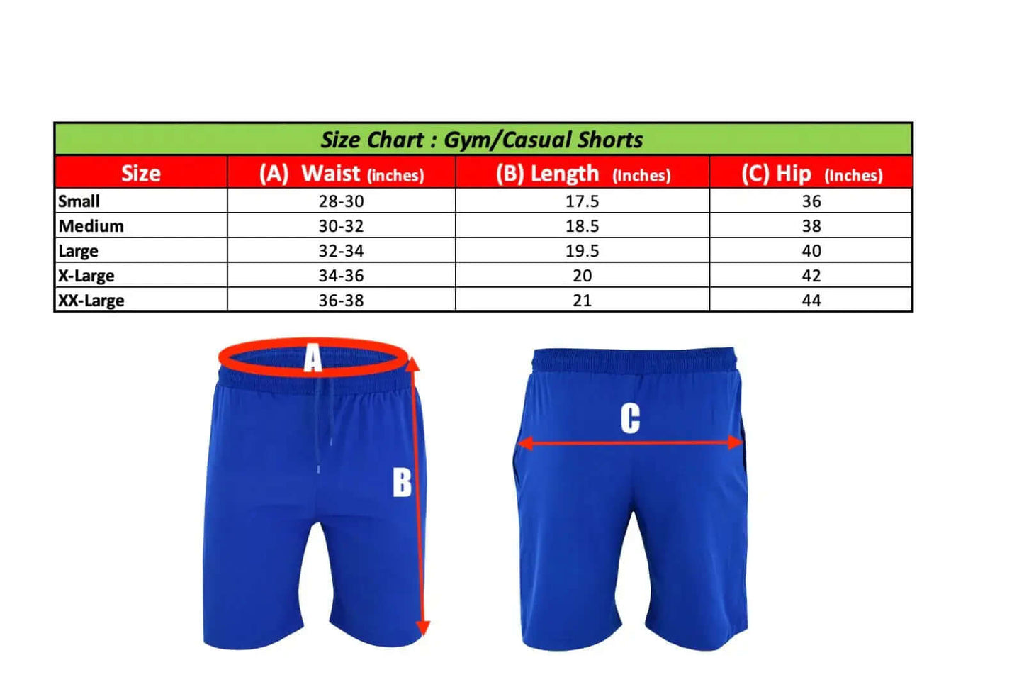 Size chart for Men's Fitness Gym Shorts in navy blue, showing waist, length, and hip measurements for all sizes.
