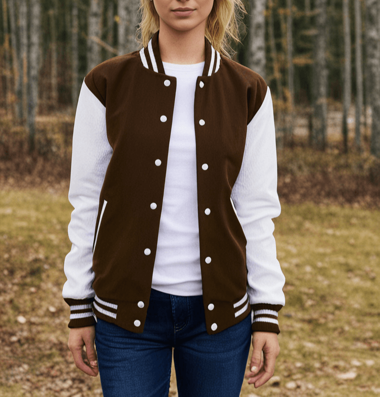 Hatch Sports Women Varsity Jacket Wool+Genuine Cowhide Leather Brown/White Hatch Sports