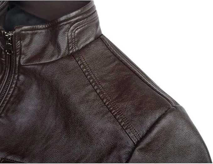 Close-up of premium brown leather jacket shoulder with detailed stitching and zipper collar, showcasing high-quality leather jackets fashion.