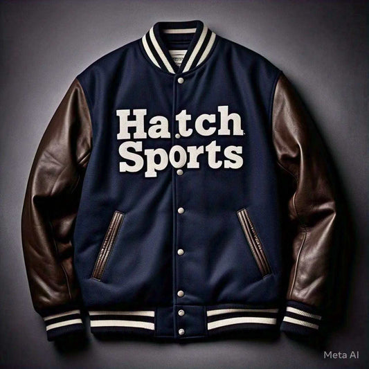 Navy letterman varsity jacket with brown leather sleeves and white "Hatch Sports" text, showcasing 2025 leather jacket trends.