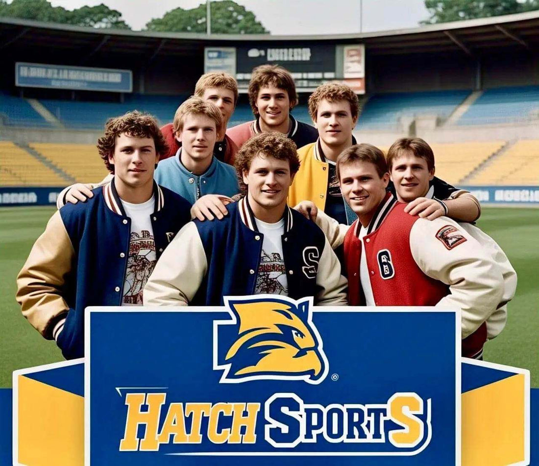 Group of young men wearing letterman jackets posing behind a Hatch Sports sign in a stadium background