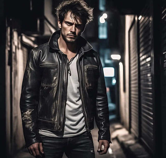 Man wearing a stylish black leather jacket in a dimly lit urban alleyway, showcasing timeless fashion appeal.