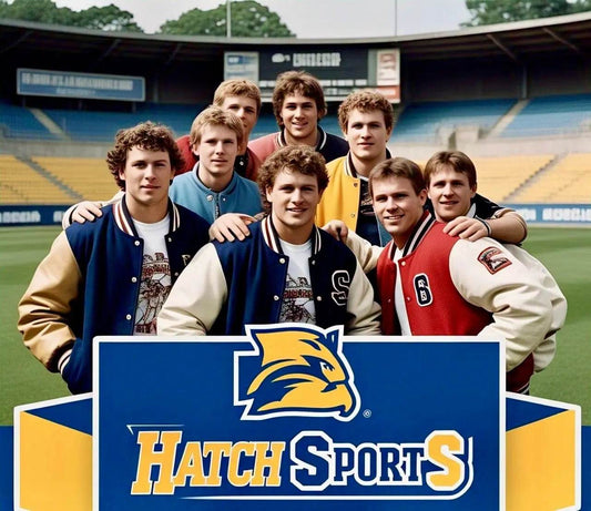 Group of young men wearing letterman jackets posing behind a Hatch Sports sign in a stadium background