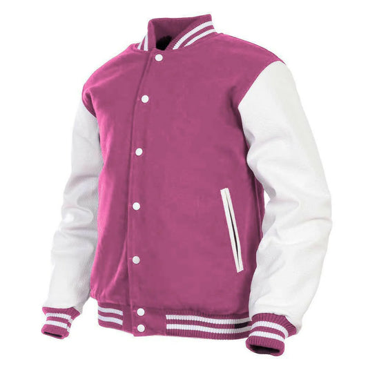 Hatch Sports Women Varsity Jacket Wool+Genuine Cowhide Leather Pink/White