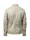 Men’s Vintage Off-White Waxed Leather Jacket – Distressed Slim Fit Outerwear, back view showcasing its unique design.