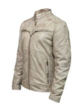 Men’s Vintage Off-White Waxed Leather Jacket – Distressed Slim Fit Outerwear displayed at an angle.