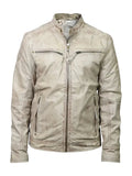 Men’s Vintage Off-White Waxed Leather Jacket – Distressed Slim Fit Outerwear in a classic design.