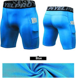 Compression Shorts Men 3 Pack Dry Fit Compression Underwear Spandex in blue with side pockets for convenience.