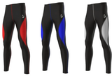 Three pairs of black athletic compression leggings shown side by side on a light gray background, each with a different colored panel: red, blue, and gray.