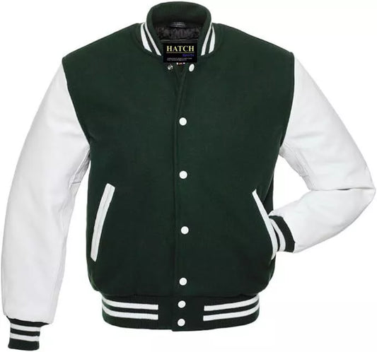 Hatch Sports Men’s Varsity Baseball Jacket Wool Body Genuine Cowhide Leather Arms Varsity
