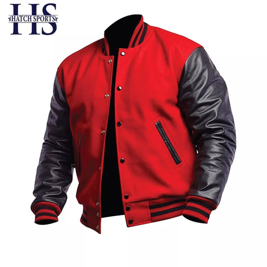 Hatch Sports Men’s Varsity Baseball Letterman Jacket Wool Body Genuine Cowhide Leather Arms