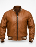 Men's Genuine Cowhide Leather Varsity Jacket – Premium Baseball Bomber Jacket (Light Brown)