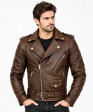 Mens Leather Jacket Genuine Cowhide Motorcycle Jacket Brown