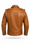Men’s Caramel Brown Biker Leather Jacket – Premium Motorcycle Jacket for Men, back view highlighting premium leather quality.