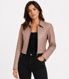 Marsha Women's Cropped Pink Leather Jacket with Shirt Collar