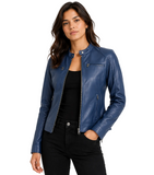 Women's Blue Biker Style Leather Jacket - Modern Fit