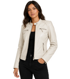 Womens Real  Leather cowhide Off White Quilted Biker Style Jacket