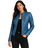 Women's Blue Waxed cowhide Leather Biker Style Jacket