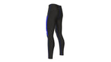 Mens compression pants base layer in black with blue accents, perfect for gym, running, and yoga.