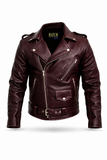 Mens Leather Jacket Genuine Cowhide Motorcycle Coat Burgundy