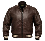 Men's Genuine Cowhide Leather Varsity Jacket – Premium Baseball Bomber Jacket (Dark Brown)
