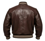 Men's Genuine Cowhide Leather Varsity Jacket – Premium Baseball Bomber Jacket (Dark Brown)