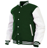 A classic varsity jacket in dark green and white, featuring a green wool body, white sleeves, and green and white striped ribbed trim on the collar, cuffs, and hem.