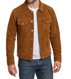 Premium Suede Leather Jacket Men Vintage Cowskin Leather Multi Pockets Casual Trucker Collared Coat Winter