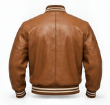 Men's Genuine Cowhide Leather Varsity Jacket – Premium Baseball Bomber Jacket (Light Brown)