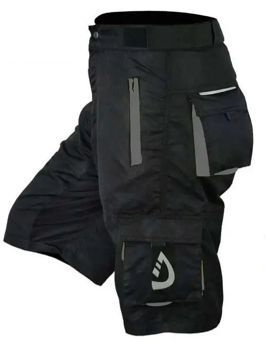 Men's MTB shorts in black with multiple pockets, reflective details, and a comfortable fit for cycling and off-road racing.